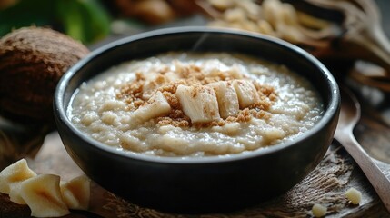 Cinnamon-infused rice pudding topped with chopped nuts, served in a bowl. This cozy dessert is perfect for cold weather and can be enjoyed by those who prefer plant-based alternatives.