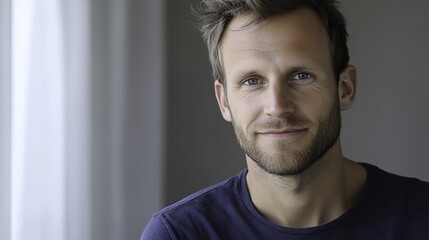 Obraz premium Young man smiling warmly, soft light enhancing his cheerful expression, minimal background.