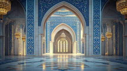 Majestic interior of a grand palace featuring intricate blue tilework and ornate chandeliers
