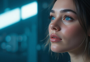 Close-up portrait of a woman with striking facial features. The woman has bright blue eyes, freckles on her face and a gentle look.