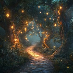 An enchanted forest where the trees have faces and glowing vines hang down