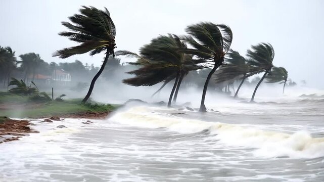 Tropical storm coastal damage, palm trees bending, houses in background, weather report