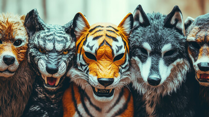 Animal face masks for social networks, selfie photo or video chat filter. Roar scary tiger, snake, rat and wolf or dog toothy muzzles and ears elements isolated on white background, cartoon vector set