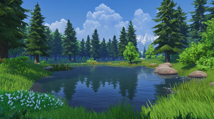 Obraz premium Forest pond nature landscape, calm lake, pond, river or creek flow under green trees and grassy shore. Wild beautiful scenery view, summer wood at day time cartoon background, Vector illustration
