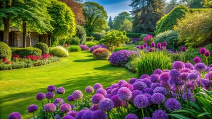 Obraz premium Lush garden filled with vibrant purple flowers and rich green grass, garden, purple flowers, lush, green grass