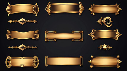 Medieval buttons, ui game menu elements, gold metal oblong banners and ornate rims. Empty royal gui bars for rpg or arcade, golden borders, web design interface Cartoon 3d vector illustration, set