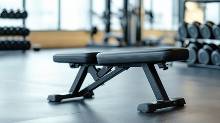 Fototapeta premium A black adjustable weight bench sits in a modern gym. Dumbbells are in the background, suggesting a workout environment. The bench is clean and well-maintained