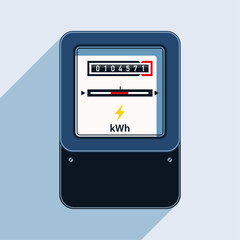 old fashioned electricity or electric meter with mechanical counter and disk in flat design vector illustration.