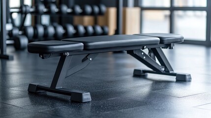 Fototapeta premium A black adjustable weight bench sits in a modern gym. Dumbbells are in the background, suggesting a workout environment. The bench is clean and well-maintained