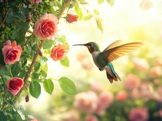Fototapeta premium A vibrant hummingbird feeds on a bouquet of pink roses, set against the soft glow of early morning sun.