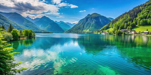 Tranquil turquoise Lake Millstatter See in Dobriach surrounded by lush greenery and mountains ,  turquoise