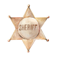 Sheriff's badge. hand painted watercolor six-pointed golden police star in the wild west