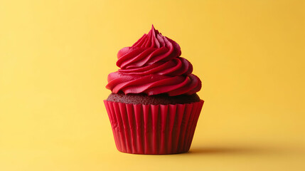 A rich chocolate cupcake with dark red swirled frosting in a red wrapper, showcased on a yellow background.


