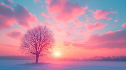 Obraz premium Silhouette of a solitary tree under a pink sky