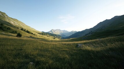 Naklejka premium Mountain Valley Meadow Landscape Wide Shot