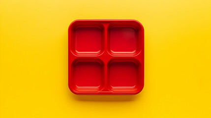 Square red food tray with four compartments, isolated on a yellow backdrop. Great for showcasing meal tray designs, restaurant serving mockups, or food presentation templates.

