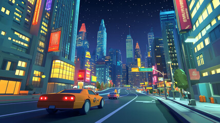 Obraz premium Night city street road to building cartoon game landscape. Dark urban skyline and highway 2d perspective concept. Winding downtown speedway on horizon and turn signboard scenic summer concept banner.