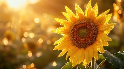 Fototapeta premium Golden Hour Sunflower: A Dew-Kissed Delight