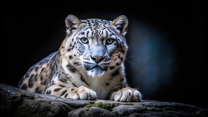Obraz premium Snow leopard seamlessly blending into the darkness of its habitat, showcasing its incredible camouflage abilities