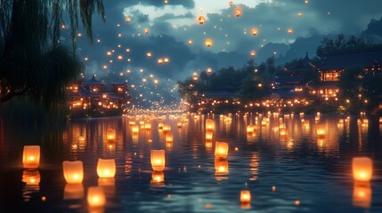 Obraz premium River lanterns light up for prayer night
