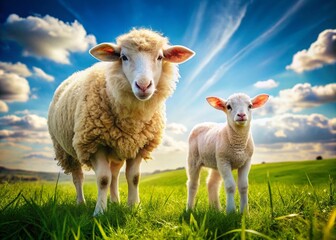 Obraz premium Adorable Sheep with Lamb in Lush Green Pasture - Stock Photo