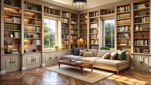 Spacious home library with built-in shelves featuring cozy reading nook and large collection of books, home, library, books