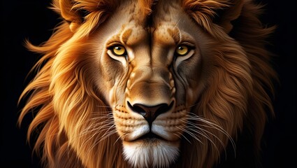 Naklejka premium Detailed image of a lion's,A close-up of a male lion's face,Majestic Lion Portrait with Intense Expression,Lion portrait on black background