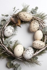 Obraz premium A handmade wreath adorned with pastel eggs, floral accents and a bird nesting in the center. Perfect for an Easter or spring celebration.