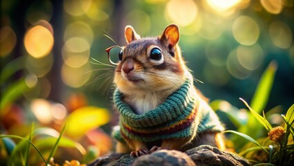 Obraz premium Adorable Squirrel in Sweater and Glasses, Curious Gaze in Forest - Candid Wildlife Photo