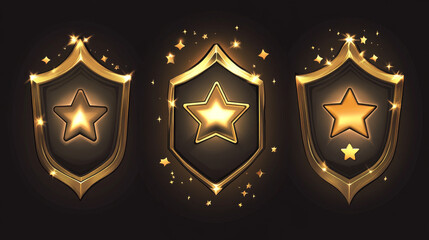 Game golden badges of level number with rating stars isolated on background. Vector cartoon icons set of gold labels with achievement rank, emblems with fantasy frames of game level