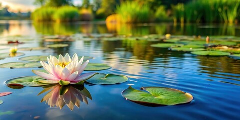 A water lily pad with a few floating plants and some submerged aquatic plants in a serene lake scene, lake