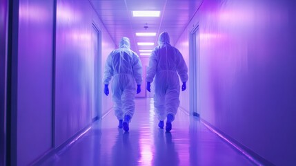 Fototapeta premium Two Figures in Protective Suits Walking Down a Sterile Corridor