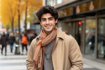 A man wearing a tan coat and scarf is smiling for the camera