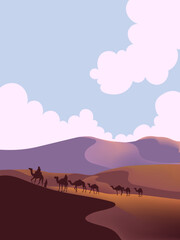 Camel caravan silhouettes going through the desert landsacpe vector illustration. Use for islamic background design, Ramadan Karrem, Eid Mubarak poster, cards, greeting, banner.