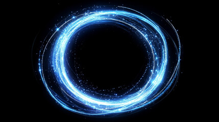 Blue planet ring neon light effect with circle line sparkle. Digital energy twirl with magic flare expansion. Space curve orbit vector illustration. Abstract galaxy element circular disk shape frame
