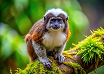 Fototapeta premium Adorable White-Footed Tamarin Monkey on Mossy Tree in Colombian Rainforest