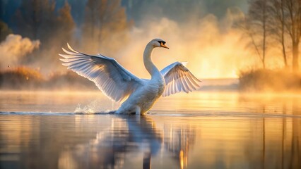 Mute swan stretches on misty lake surface, its feathers glistening with dew at dawn's break of day , bird, mist,  bird