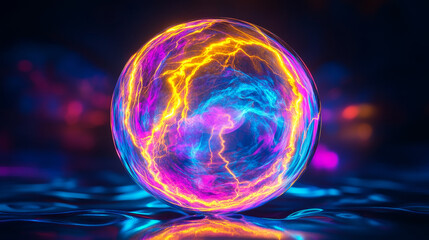 Electric lightning ball with thunder energy vector effect. Magic circle sphere with plasma lightening spark. 3d realistic yellow, blue and purple blast charge globe element. Neon discharge shock