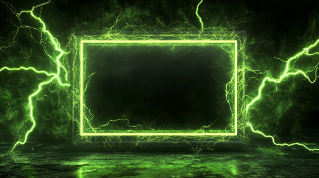 Empty frame decorated with neon green toxic smoke and lightning discharges isolated on transparent background. Realistic vector illustration of rectangular border glowing in darkness. Design element