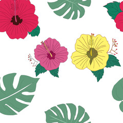 Seamless hibiscus floral pattern. Colorful hibiscus flower with leaf seamless pattern for summer holidays background. Flower vector. Hand-drawn hibiscus flower pattern.  