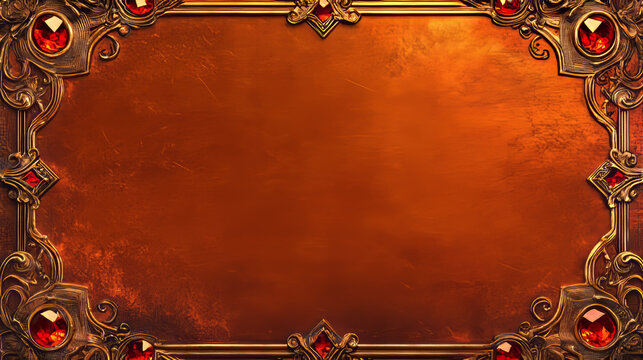 Game button magic collection - golden frames with ruby gem accents. Fantasy interface elements with glossy orange surfaces, geometric shapes and decorative borders for medieval mobile game menu assets