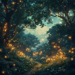 Fototapeta premium A whimsical forest filled with sparkling dew drops, glowing trees, and mysterious lights floating in the air