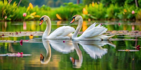 Two graceful swans swim closely side by side in a serene lake with lush greenery and vibrant water lilies, calm, reflection