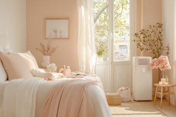 A portable air conditioner with high cooling capacity placed in a bedroom, effectively lowering the temperature on a warm evening, highlighting its cooling efficiency.
