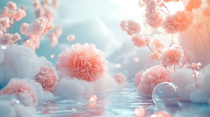 Serene Pastel Fantasy Landscape with Soft Clouds, Blossoming Flowers, and Reflective Water Surface Creating a Dreamy Atmosphere