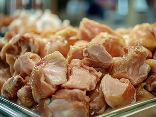 A variety of cooked chicken pieces in a clear baking dish, ready to be seasoned and cooked. They are cut into portions for easy serving.