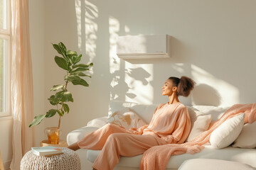 A high cooling capacity air conditioner cooling down a modern living room on a hot day, with clear focus on the efficient air flow and precise temperature control.