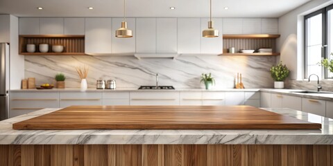 Refined elegance of a smooth wood platform on a marble kitchen table