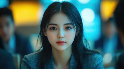Obraz premium Young Asian woman with dark hair in a business setting during a meeting in a modern office environment