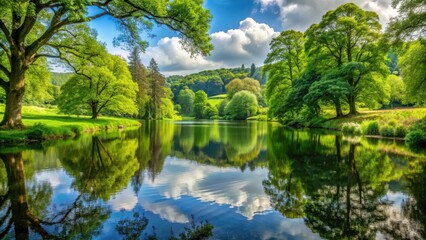 Fototapeta premium A serene lake surrounded by lush greenery and ancient trees, reflecting the beauty of nature, UK, Serenity